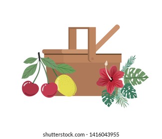 picnic basket with tropical fruits on white background