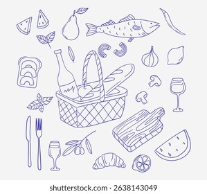 Picnic basket with various foods and drinks ready for outdoor dining at a sunny day gathering