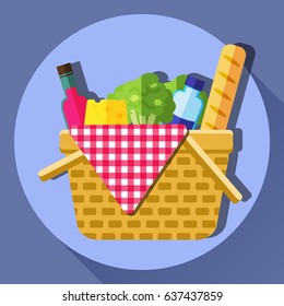 Picnic basket vector flat style illustration. Opened food hamper bag filled with bread, lettuce, wine, cheese, water and tartan pattern table cloth. Basket lunch concept