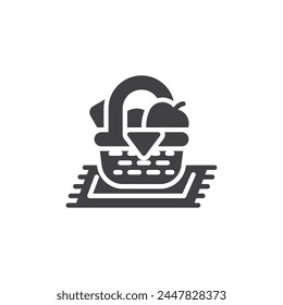 Picnic basket vector icon. filled flat sign for mobile concept and web design. Picnic blanket with a basket of food glyph icon. Symbol, logo illustration. Vector graphics