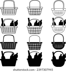 Juego de iconos de vectores de cesta de picnic.