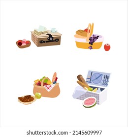 Picnic basket vector illustration set.  Flat collection with box container, traditional hamper and picnic baskets with fresh bakery, fruits and wine, tasty healthy food icon isolated on white