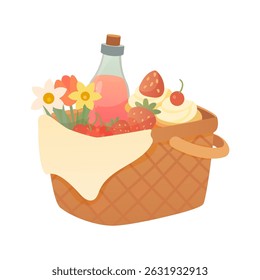 Picnic Basket Vector Illustration with Strawberries, Cupcakes, Juice Bottle, Flowers and Cream Topping on White Background
