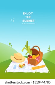 Picnic basket with vegetables, straw hat, plate with sandwich, checkered  tablecloth. Landscape meadow background. Text message enjoy the summer. Vector cartoon flat style illustration without people.