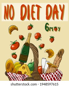 Poster ohne Diättag. Druck für T-Shirts, Stoffe, Plakate, Aufkleber, Postkarten, Verpackungen, Etiketten, Poster. Baguette, Käse, Tomate, Croissant, Picknickkorb. Brille. Apfel  