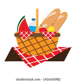 Picnic basket with water bottle, bread and fruits - Vector