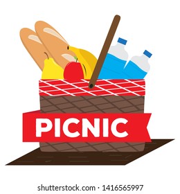 Picnic basket with water bottle, bread and fruits - Vector