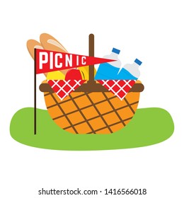 Picnic basket with water bottle, bread and fruits - Vector