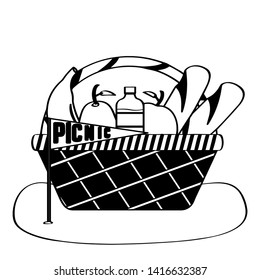 Picnic basket with water bottle, bread and fruits - Outline Vector