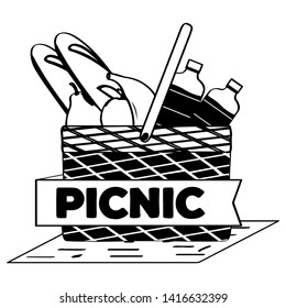 Picnic basket with water bottle, bread and fruits - Outline Vector