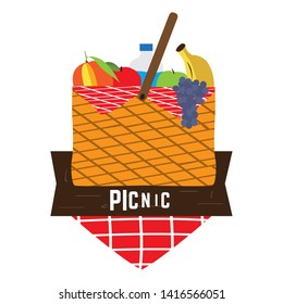 Picnic basket with water bottle and fruits - Vector