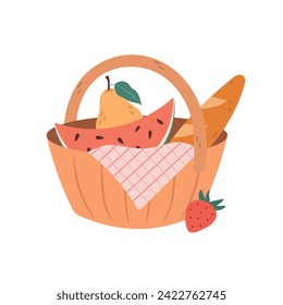 Picnic basket with watermelon, loaf of bread, pear and strawberries. Vector illustration