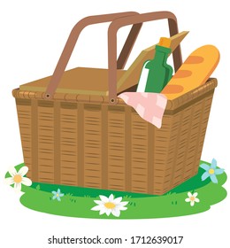 Picnic basket in which there is only the most delicious. This basket is ideal for any picnic. Picnic basket on grass. Vector illustration.