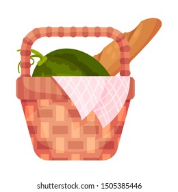Picnic basket with a whole watermelon. Vector illustration on a white background.