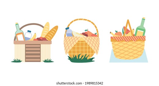 Picnic Basket. Wicker picnic baskets with wine, water and baguette. An open basket with food and a blanket for a romantic walk. Vector. Isolated on a white background.