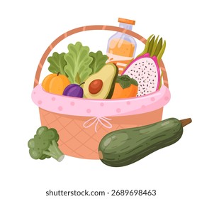 Cesta de piquenique. Cesta de vime cheia de frutas e legumes, cesta de lanche cesto, bebida, jantar, cestas de vime prato vetor plana ilustração. Lidar com cesta de piquenique em branco