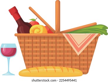 Picnic basket with wine bottle and bread cartoon icon isolated on white background