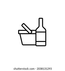 Picnic basket, wine and bread simple thin line icon vector illustration