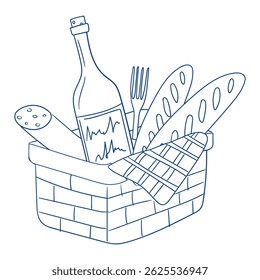 Picnic basket with wine, bread, and utensils ready for outdoor enjoyment on a sunny day