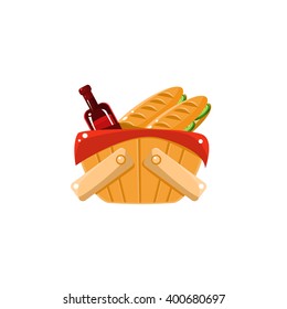 Picnic Basket With Wine Cartoon Flat Vector Isolated Illustration On White Background