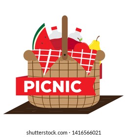 Picnic basket witn soda bottles and fruits - Vector