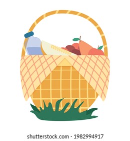 Picnic basket.A set of items for a picnic with various food and drinks.Picnic basket. Vector graphics isolated on white background.