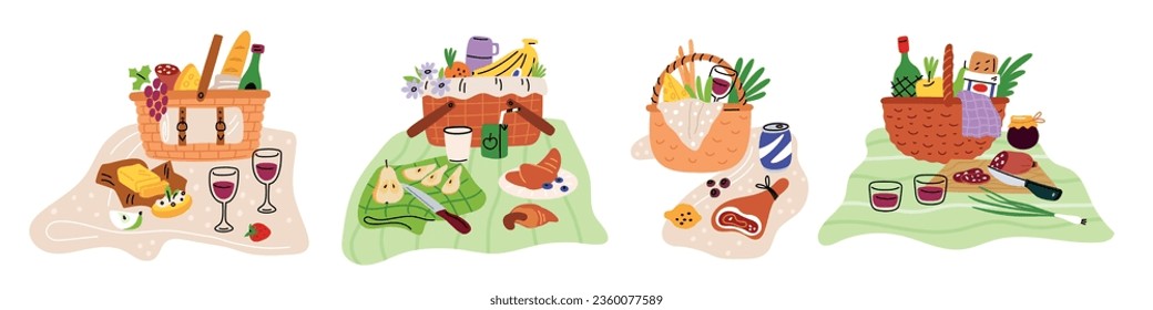 Picnic baskets compositions. Eating food outdoors. Serving lunch in nature. Wicker boxes with delicacies. Cheese and fruits. Wine glasses and meat pieces on blanket