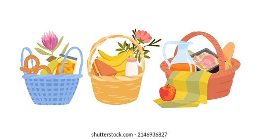 Picnic baskets for family outdoor fun party set vector illustration. Cartoon barbecue meat, sandwich, baguette and bread snacks, organic healthy banana and apple fruit isolated on white. Food concept