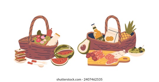 Picnic Baskets Filled With Delicious Products And Drinks, Perfect For A Leisurely Outdoor Meal, Vector Illustration