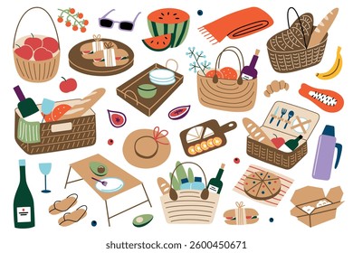Picnic baskets with food, serving trays, set of wooden boards for outdoor dining. Fruits, cheese, wine, sandwiches, summer accessories icons collection. Picnic vector illustration, spring doodles