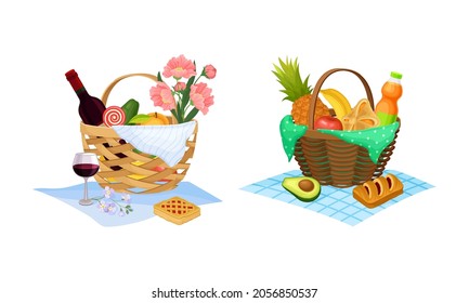 Picnic baskets full of food and drinks set. Wicker hampers with fruit, sweets, bottle of wine and bouquet of flowers cartoon vector illustration
