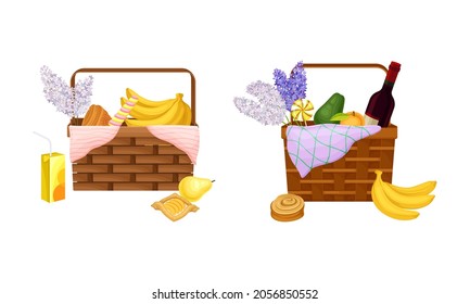 Picnic baskets full of food and drinks set. Wicker hampers with fruit, bottle of wine and bouquet of flowers cartoon vector illustration