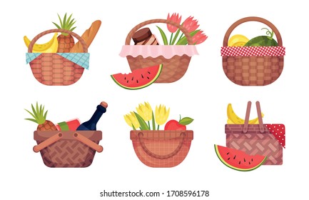 Picnic Baskets Full with Foodstuff Like Fruit and Bread Vector Set