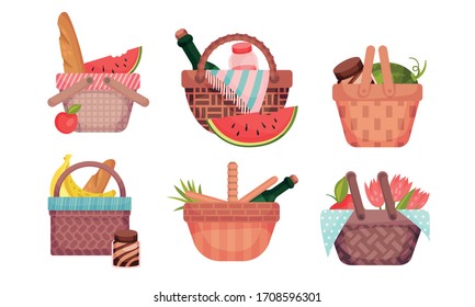 Picnic-Körbe voll mit Lebensmitteln wie Obst und Vektorillustration