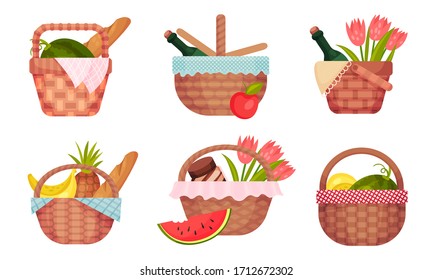 Picnic Baskets Full with Foodstuff Like Fruit and Bread Vector Set