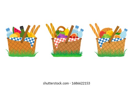 Picnic baskets on grass. Fruits, vegetables, bottles water and wine, cheese, bakery. Food and drinks. Vector illustration