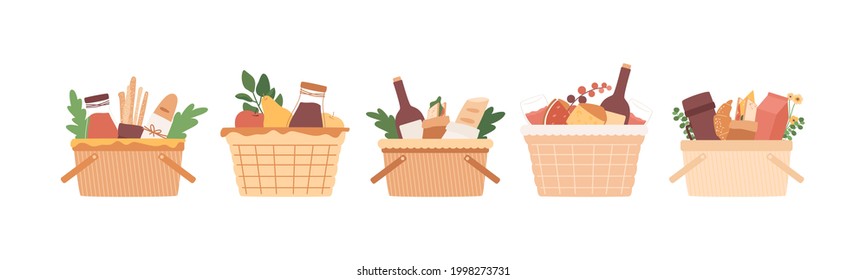 Picnic baskets set. Food in wicker crate. Wine, juice bottle, cheese, fruits, bread sticks and baguette, sandwich, tea in thermos. Lunch, dining in park elements isolated on white background