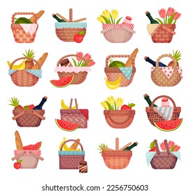 Picnic baskets set. Willow weaving hampers with wine, bread, fruits and flowers cartoon vector