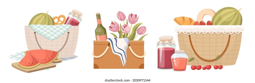 Picnic Baskets of Various Design, Hamper with Food and Drinks for Outdoor Recreation. Summer Leisure Equipment Isolated on White Background. Traditional Wicker Boxes. Cartoon Vector Illustration