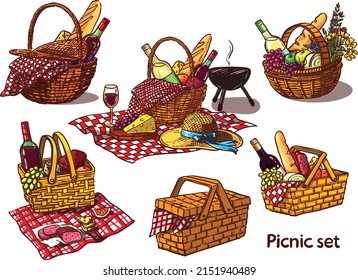 Picnic baskets vector color set