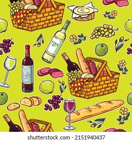 Picnic baskets vector seamless color set