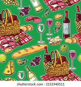 Picnic baskets vector seamless color set