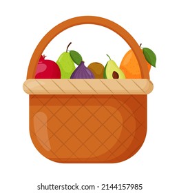 Cestas de picnic. Backet de mimbre con fruta fresca. Pomegranato, pera, higo, kiwi, aguacate, mango. Ilustración vectorial plana