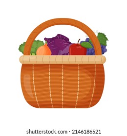 Picnic baskets. Wicker backet with fresh fruits. Broccoli, onion, cabbage, pepper, apple, grape. Flat vector illustration