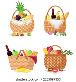 Picnic baskets. Wicker containers with fruit, vegetables, bread and bottle of wine. Delicious food in straw basket as pineapple, banana, pear, pomegranate and donuts isolated vector set