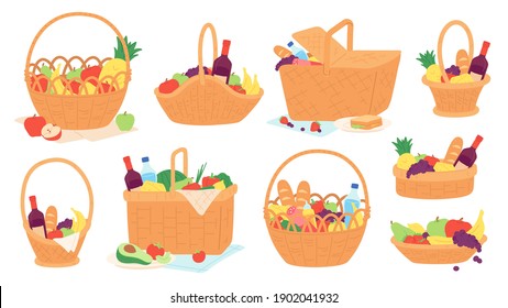 Picnic baskets. Wicker hampers with food and wine bottle on blanket for outdoor meal. Cartoon gift basket with fruits and snacks vector set. Illustration bottle and food in basket to summer picnic