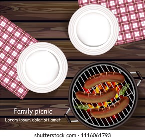 Picnic bbq Vector realistic. Top view plates wooden table and sausages on the grill outdoors