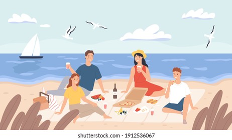 Picnic at beach. Group of friends chill and eat food on sea shore. Happy men and women have lunch outdoor. Holiday on seaside vector concept. People drinking wine, tasting pizza, flying seagulls