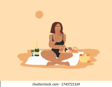 Picnic at the beach. A young girl in a black bathing suit eats a watermelon. Sandy beach, champagne and fruit basket. Art in Scandinavian style. Colored vector illustration in flat cartoon style.
