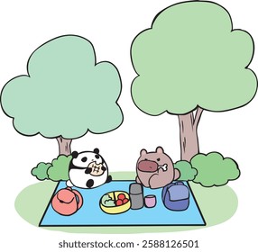 A picnic with a bear and a panda.
